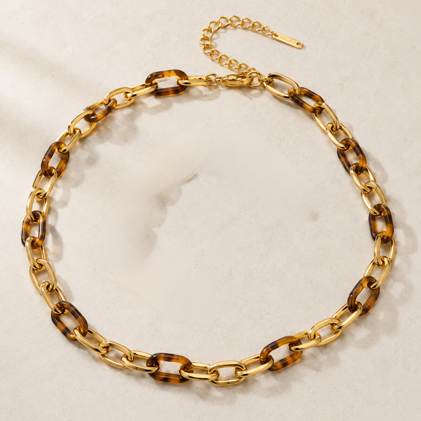 Tortoiseshell and gold oval chain link necklace in 18K gold plated stainless steel, 45cm with extender, by Sialen Rosad London
