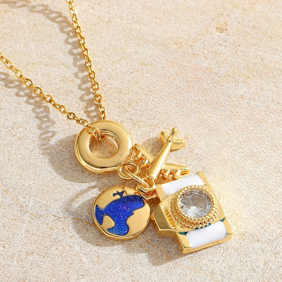 Wanderlust Charm Necklace – Gold Travel Pendant with Camera