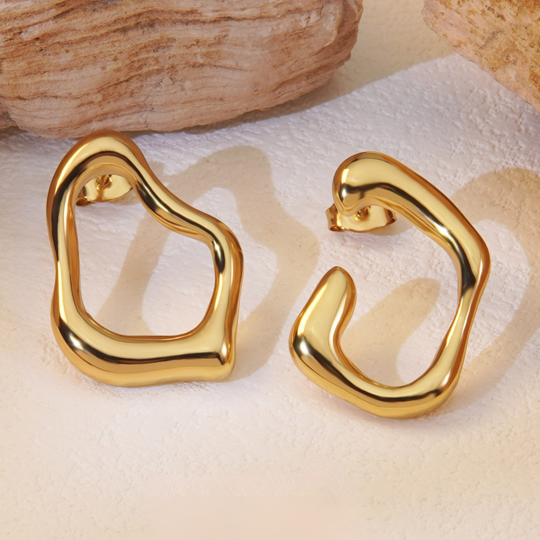 Sculpted Wave Earrings – Asymmetrical Hollow Gold Stainless Steel Studs