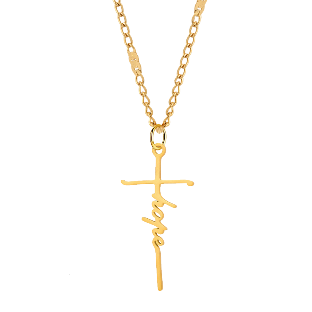 Gold Cross Pendant Necklace – ‘Hope’ Script on 316L Stainless Steel Cuban Chain