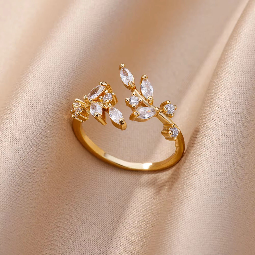 Floral Vine Open Ring – Gold‑Plated Stainless Steel with Cubic Zirconia