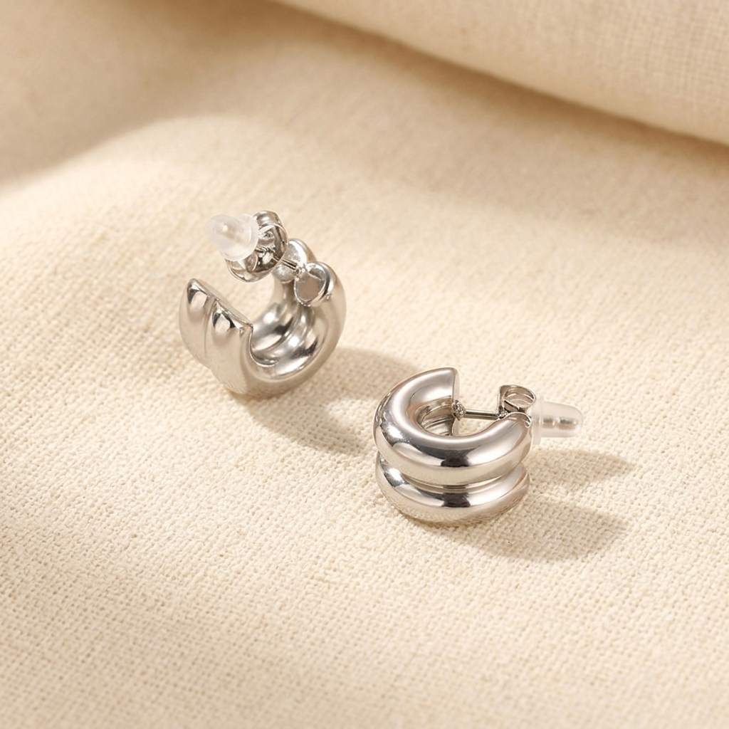 Chunky C-Shape Hoop Earrings silver in stainless steel by Sialen Rosad London