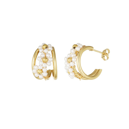 Pearl Cluster Gold Hoop Earrings