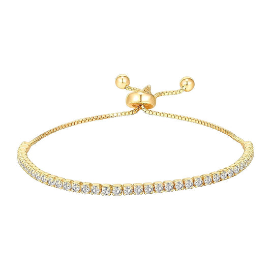 Gold-Plated Cubic Zirconia Adjustable Tennis Bracelet with Bolo Clasp