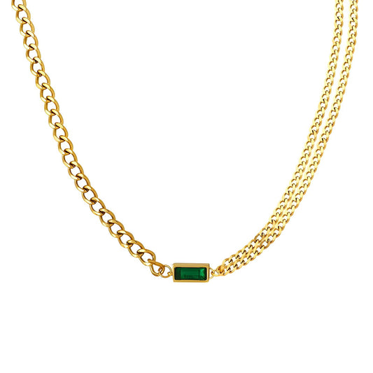 Gold-Plated Chain Necklace with Green Cubic Zirconia Pendant