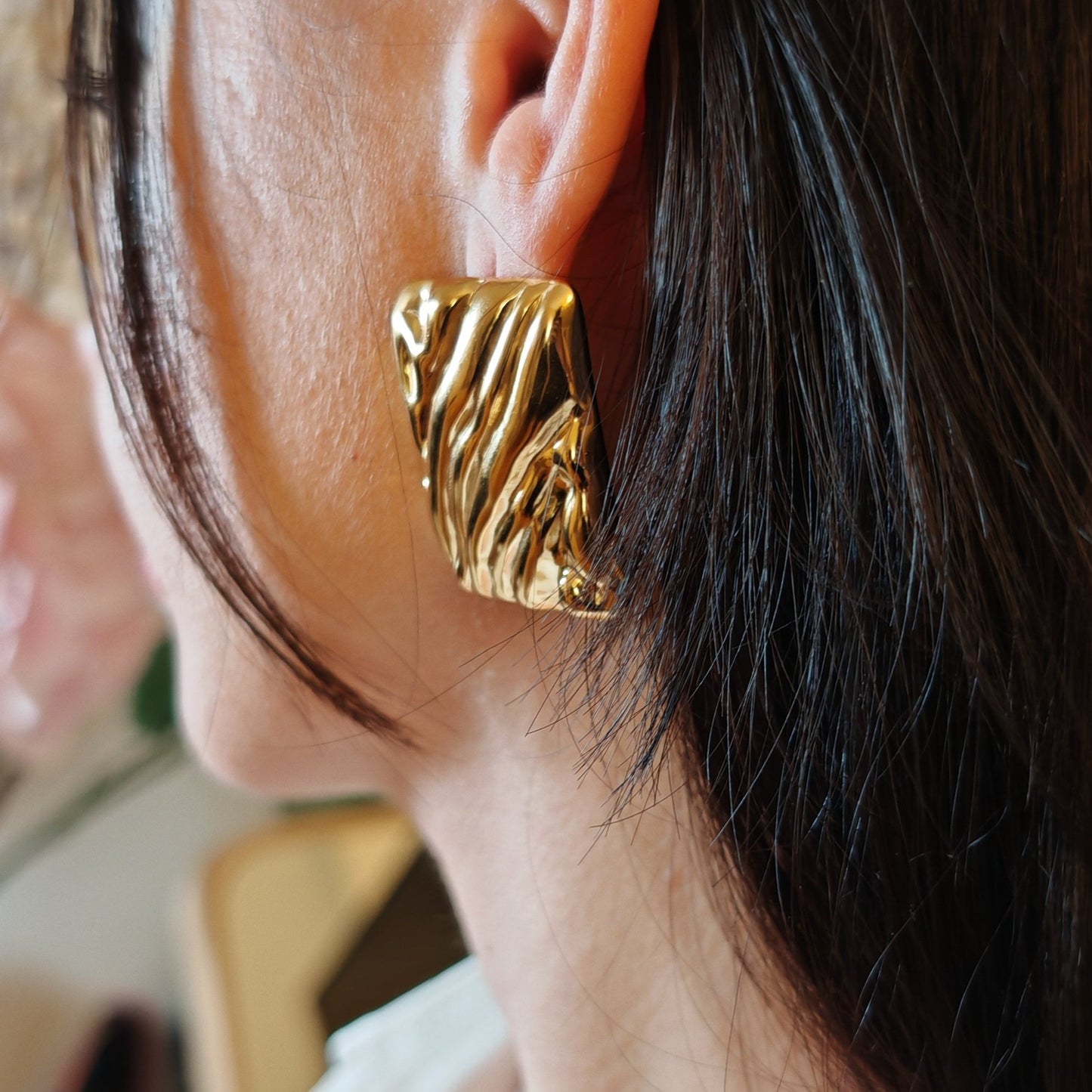 Gold Textured Rectangle Statement Earrings