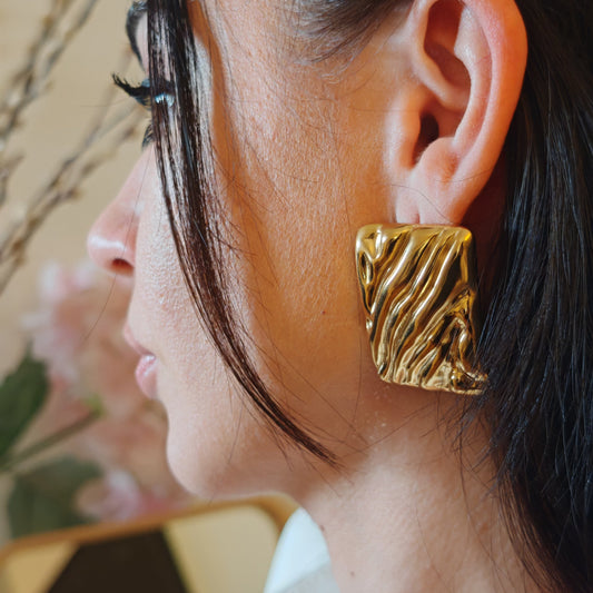 Gold Textured Rectangle Statement Earrings