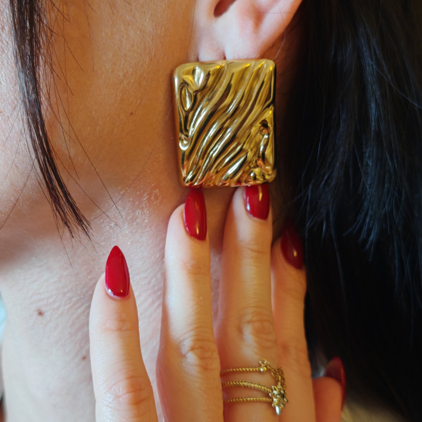 Gold Textured Rectangle Statement Earrings