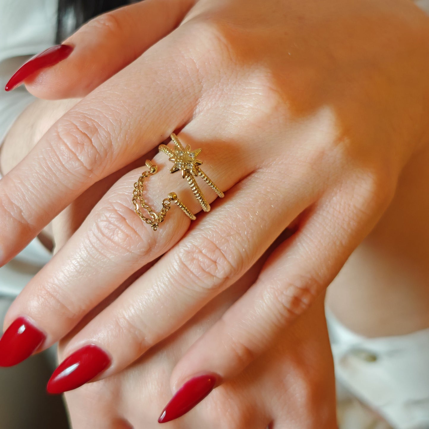 Celestial Star Cuff Ring with Chain Accent