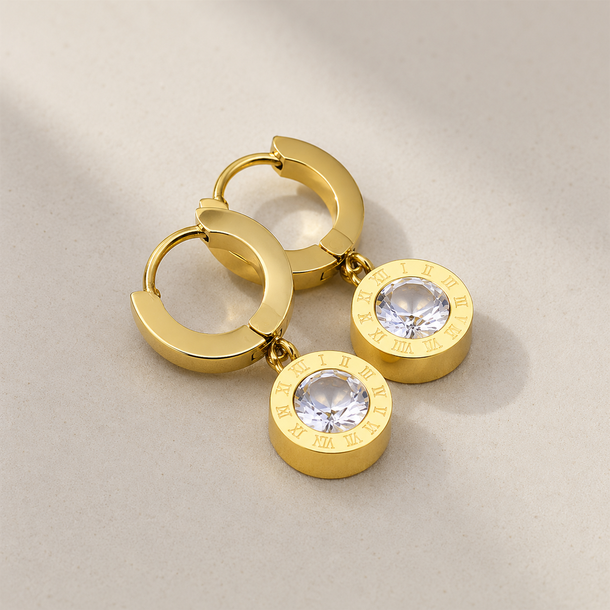 Roman Numeral Drop Earrings in 18K gold PVD-coated 316 stainless steel with white zircon pendant, by Sialen Rosad London