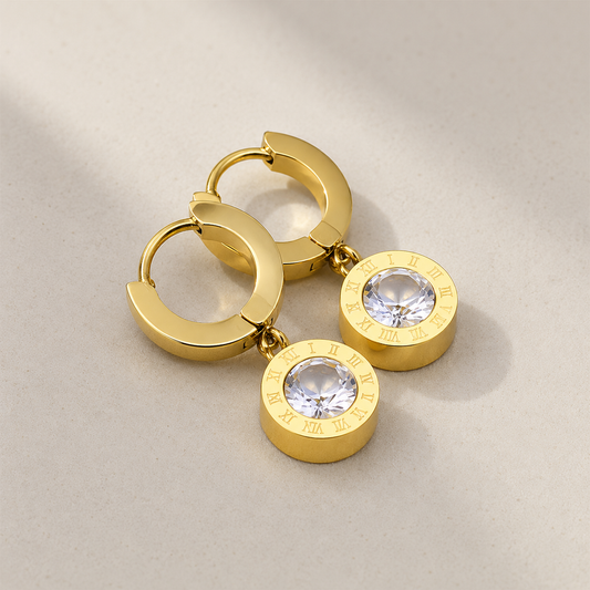 Roman Numeral Drop Earrings in 18K gold PVD-coated 316 stainless steel with white zircon pendant, by Sialen Rosad London