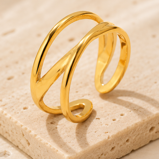 18k gold plated stainless steel geometric open statement ring with open double band design.