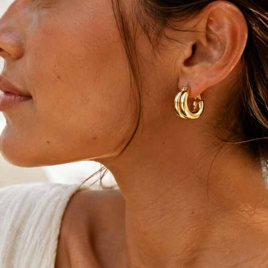 Chunky C-shape double-band hoop earrings in 18K gold plated stainless steel, by Sialen Rosad London