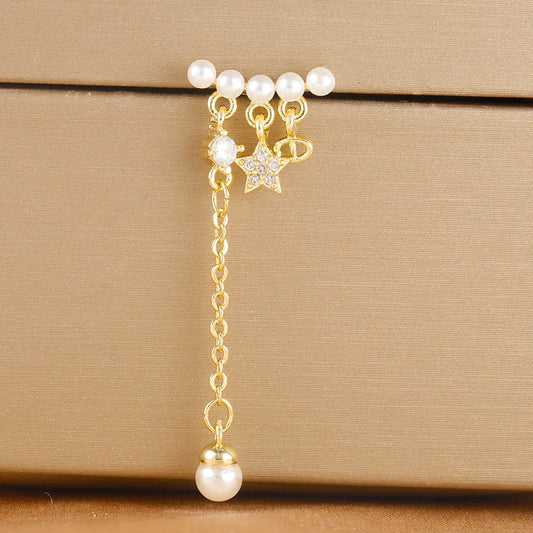 Pearl & Star Drop Ear Stud – Gold‑Plated Stainless Steel with Zircon Accent