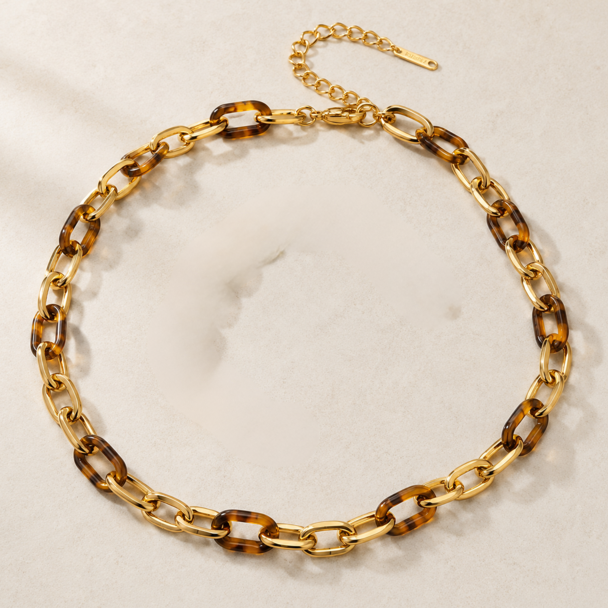Tortoiseshell and gold oval chain link necklace in 18K gold plated stainless steel, 45cm with extender, by Sialen Rosad London