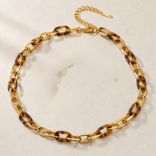 Tortoiseshell and gold oval chain link necklace in 18K gold plated stainless steel, 45cm with extender, by Sialen Rosad London