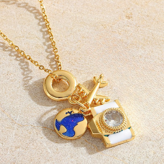Wanderlust Charm Necklace – Gold Travel Pendant with Camera