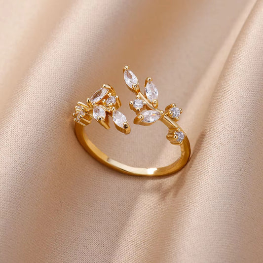 Floral Vine Open Ring – Gold‑Plated Stainless Steel with Cubic Zirconia