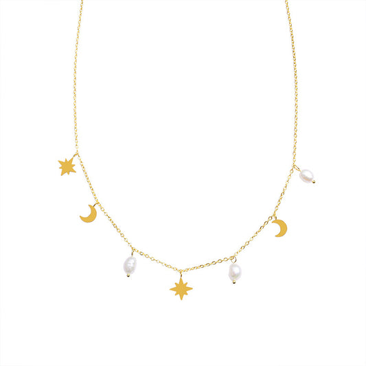 Star & Moon Pearl Tassel Clavicle Necklace