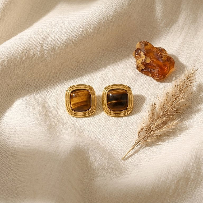 Tiger Eye Square Stud Earrings