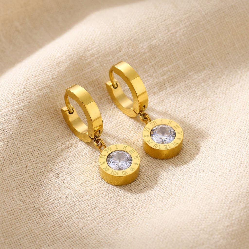 Roman Numeral Drop Earrings gold huggie hoop with zircon pendant in 18K gold PVD stainless steel by Sialen Rosad London