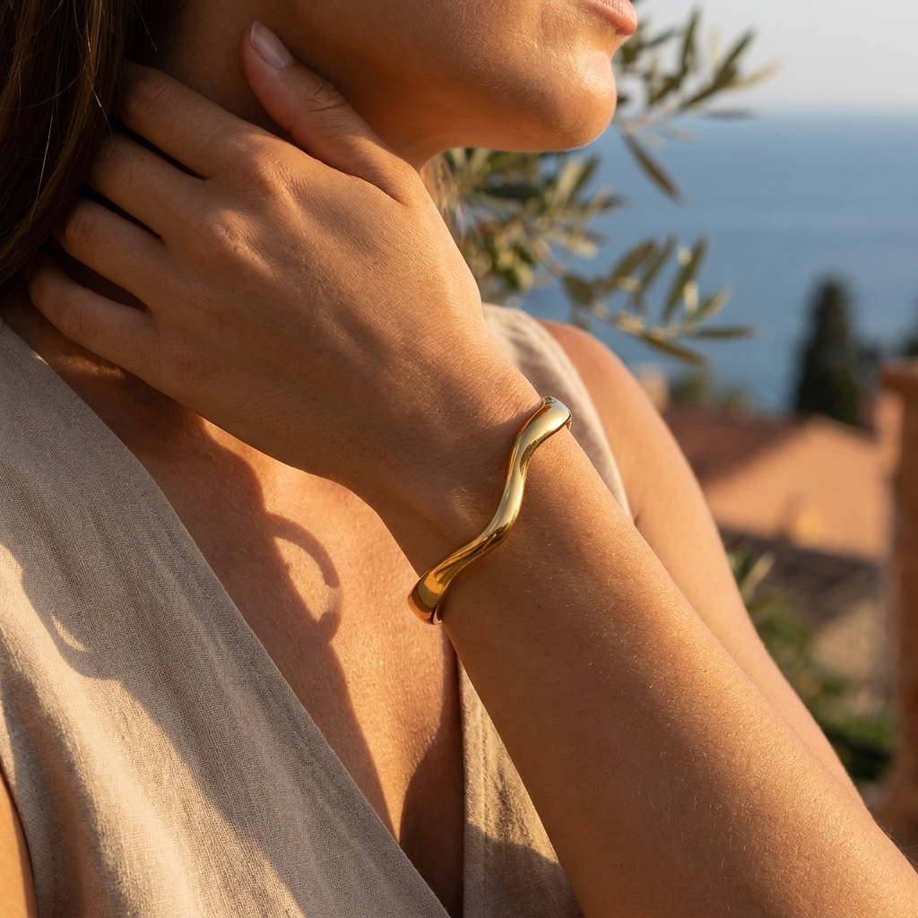 Wave Open Gold Cuff Bangle