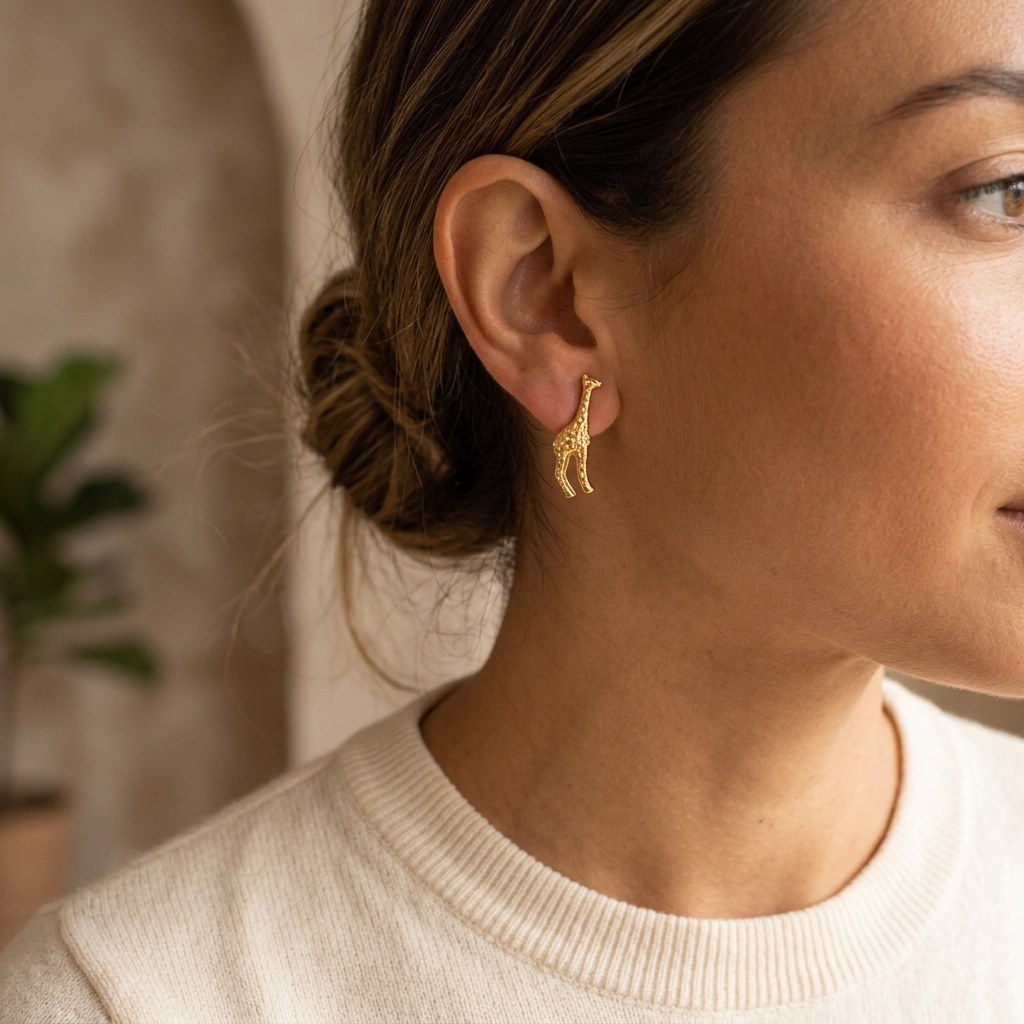 Gold Giraffe Stud Earrings in PVD-coated 18K gold plated stainless steel, sculpted pair facing each other, by Sialen Rosad London